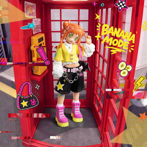 Peach Riot Sugar Mode Banana Mode – POP MART figur med gul jakke og rosa platåsko i rød telefonkiosk
