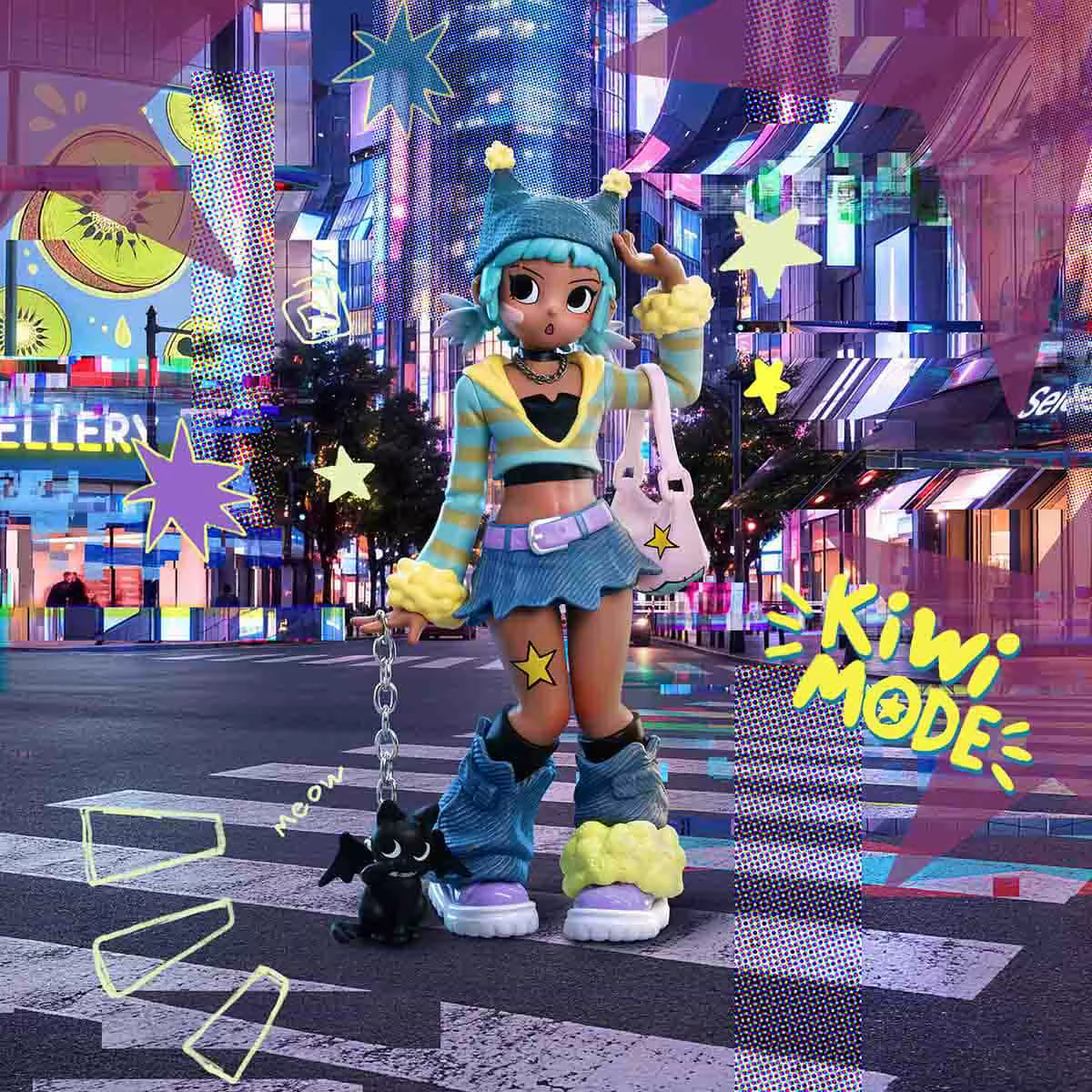 Peach Riot Sugar Mode Kiwi Mode – POP MART fashionfigur med turkist hår og Y2K-inspirert stil