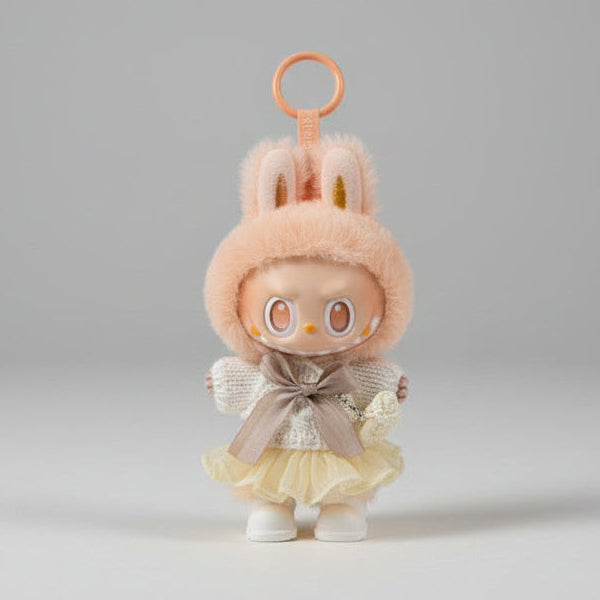 Labubu Klær – Strikket Vinter Outfit med Gullskjørt – Til Labubu Dukke 17 cm