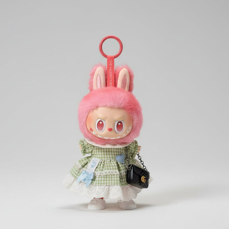 Labubu Klær – Grønn Ruted Sommerkjole – Outfit til Labubu Dukke 17 cm