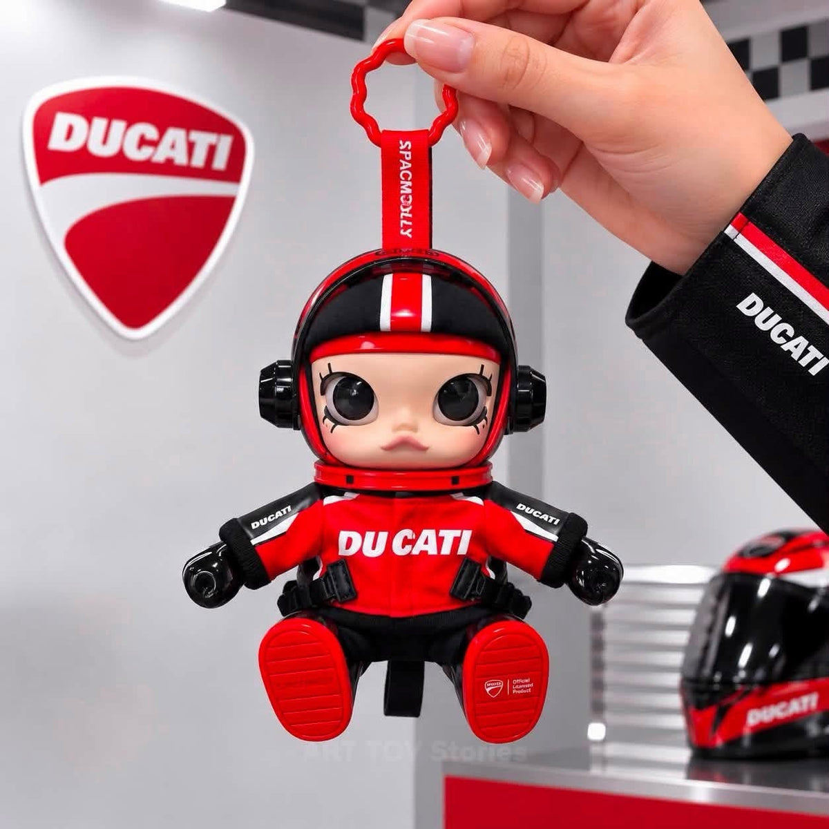 MEGA SPACE MOLLY × DUCATI vinyl pendant med rød racingdrakt og nøkkelring
