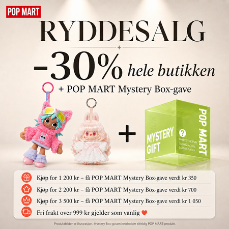 Kjøp for kr 1 200 – POP MART Mystery Box-gave verdi kr 350
Kjøp for kr 2 200 – POP MART Mystery Box-gave verdi kr 700
Kjøp for kr 3 500 – POP MART Mystery Box-gave verdi kr 1 050